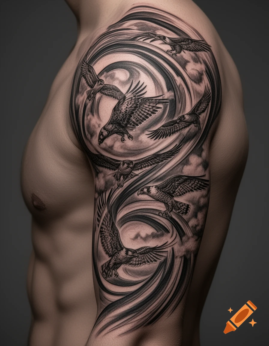 Detailed black and grey tattoo on an upper arm, featuring birds of prey in flight amidst swirling patterns and clouds.