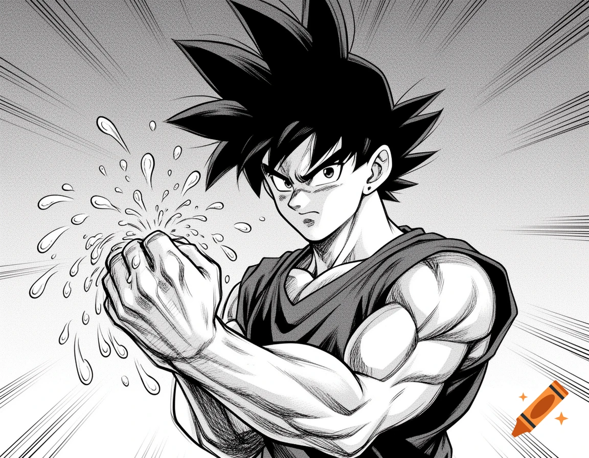 Anime character Goku in black and white manga style, shaking water off his clenched fists.