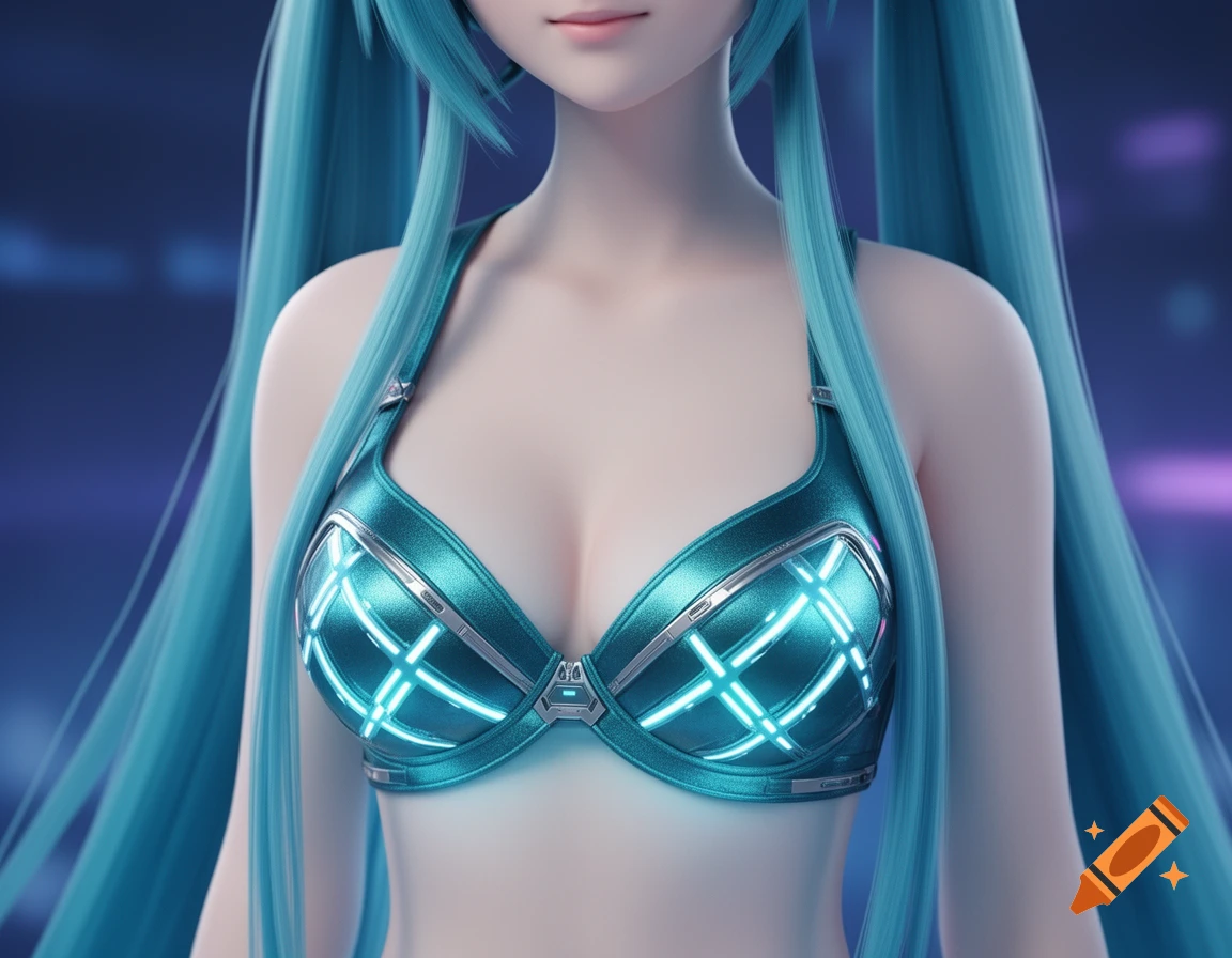 Close-up of an anime character with long turquoise pigtails wearing a glowing, futuristic teal bra.