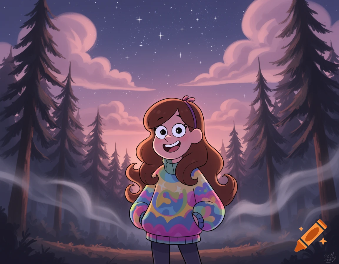 Mabel Pines from Gravity Falls smiles cheerfully in a pine forest at twilight, wearing a colorful sweater.