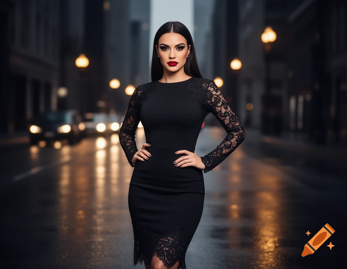A stylish woman in a black lace-sleeved dress stands in a city street at night, with blurred lights in the background.