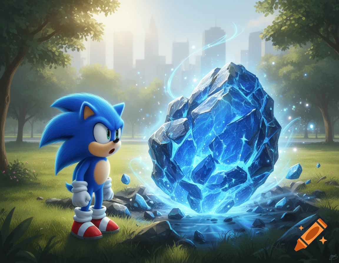 Sonic the Hedgehog stands in a park, looking at a large glowing blue crystal meteorite with a city skyline in the background.