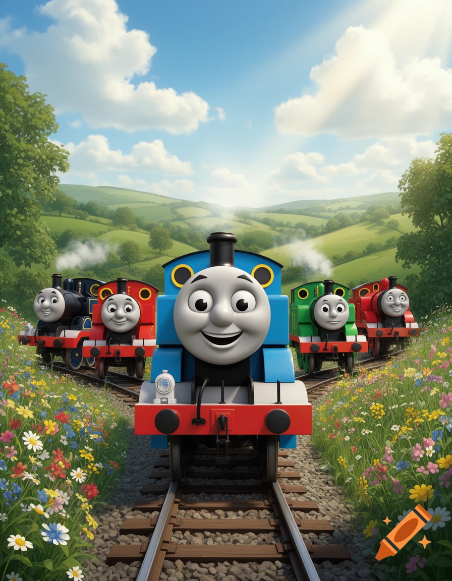 Thomas the Tank Engine and his friends on train tracks, surrounded by wildflowers, with green hills and a blue sky.