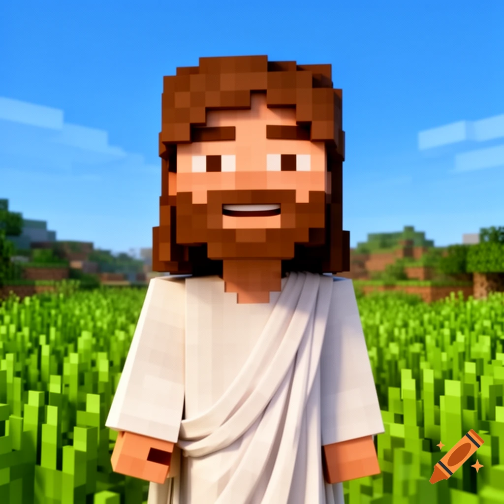 A smiling, blocky Minecraft-style Jesus character with a beard and white robe stands in a green pixelated field under a blue sky.