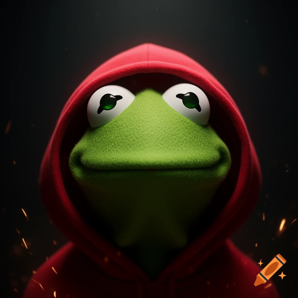 Close-up, 3D rendered portrait of Kermit the Frog in a red hoodie against a dark background with glowing orange sparks.