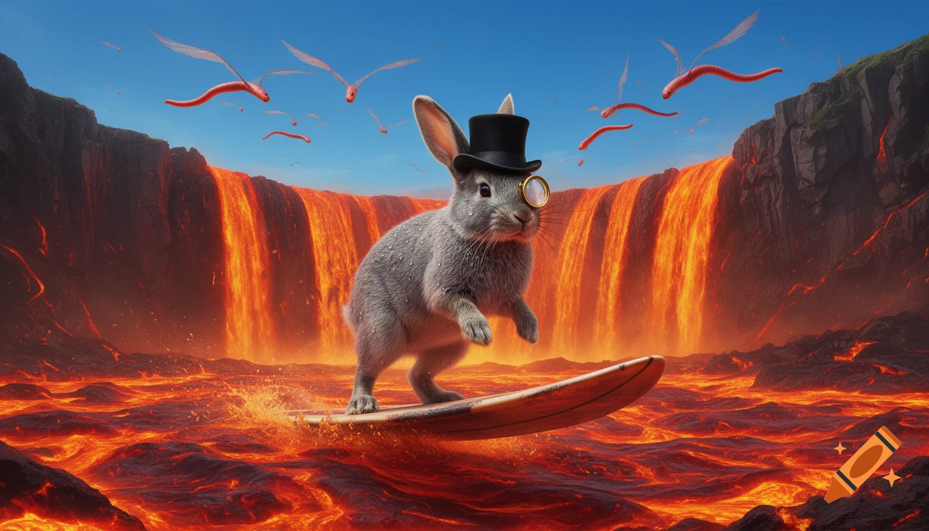 A gray rabbit in a top hat and monocle surfs on a lava sea, with lava waterfalls and flying red worms under a blue sky.