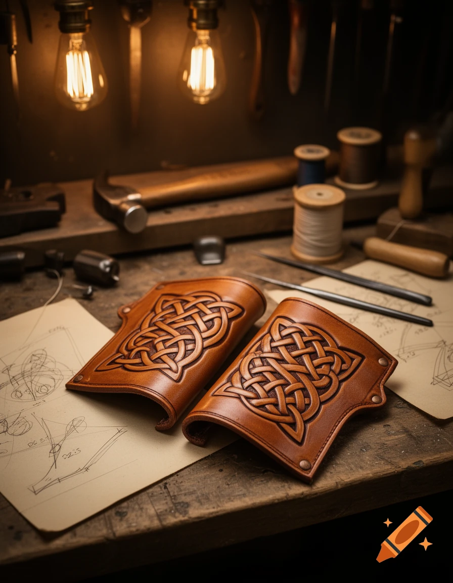 Brown leather bracers with Celtic knots on a workbench with tools, illuminated by warm Edison bulbs.