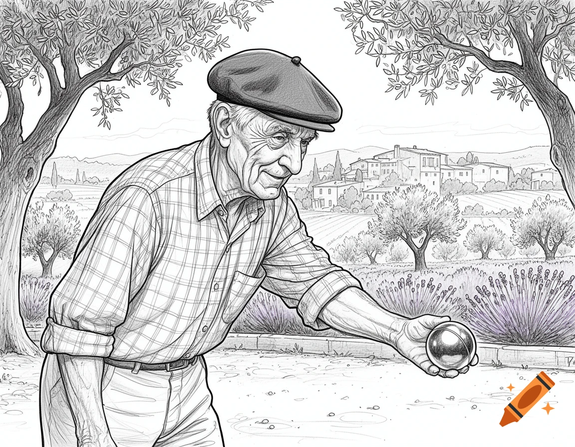 Line drawing of an elderly man in a beret playing pétanque in a rural French village.