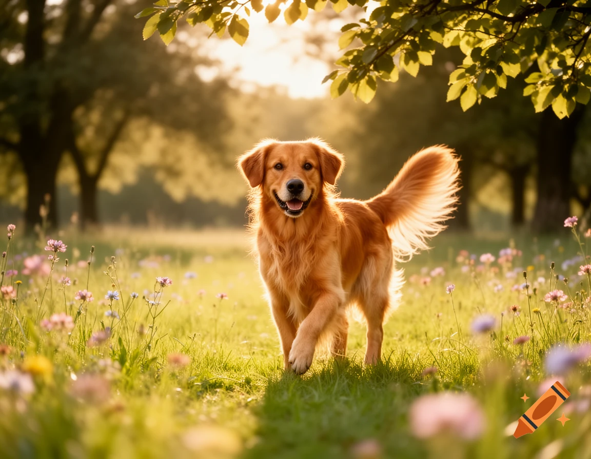 A golden retriever trots through a sunny meadow filled with wildflowers, backlit by the warm glow of golden hour.