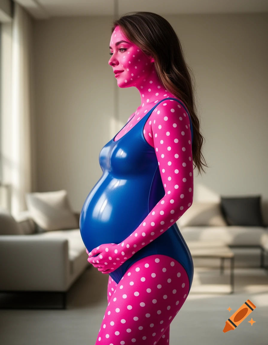 A photorealistic image of a pregnant woman with hot pink, white polka-dotted skin wearing a shiny blue bodysuit, holding her belly indoors.