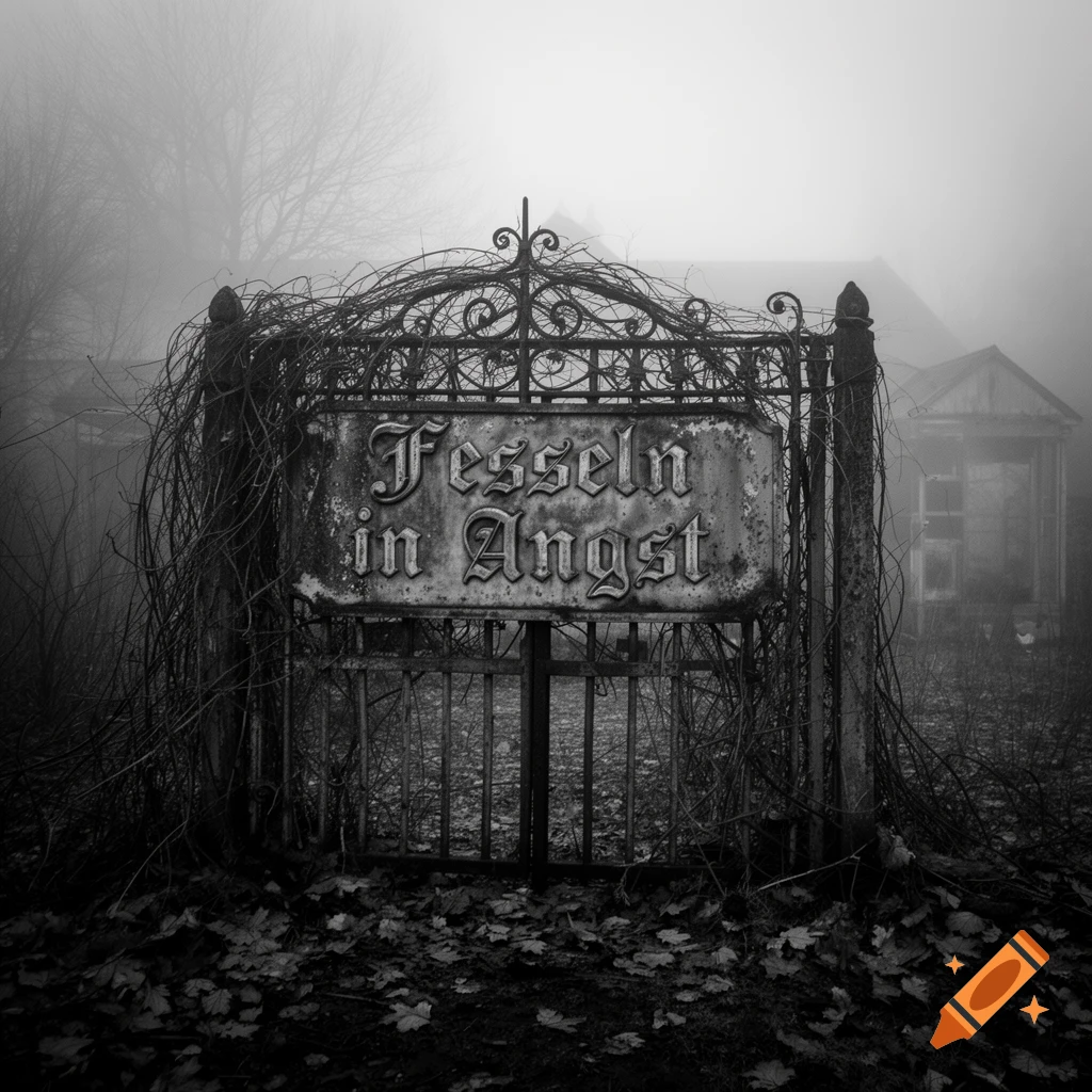 An old, ornate iron gate covered in vines, with a sign reading 'Fesseln in Angst' in a thick, eerie fog. Black and white.
