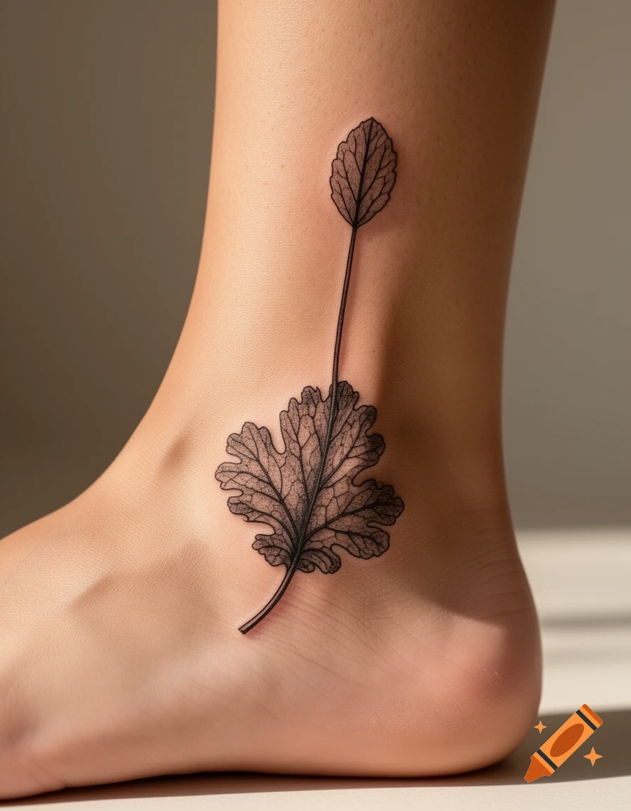Photorealistic tattoo of two delicate black leaves, one large and one small, on a person's ankle.