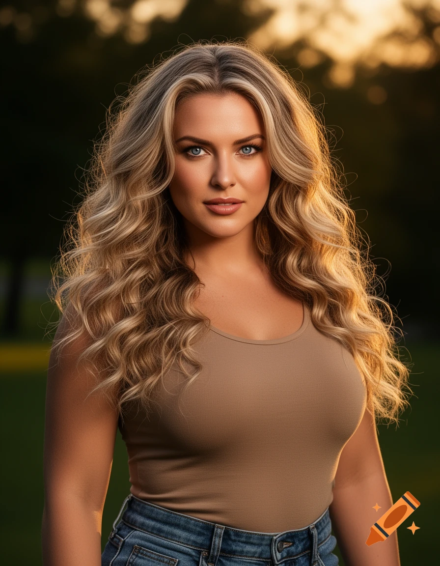 A photorealistic portrait of a woman with long, curly blonde hair and blue eyes, wearing a tan tank top and jeans, lit by golden hour light.