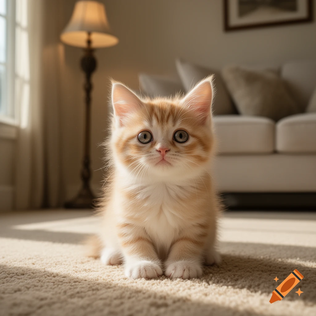 A fluffy orange and white kitten with big eyes sits on a beige carpet in a sunlit living room.
