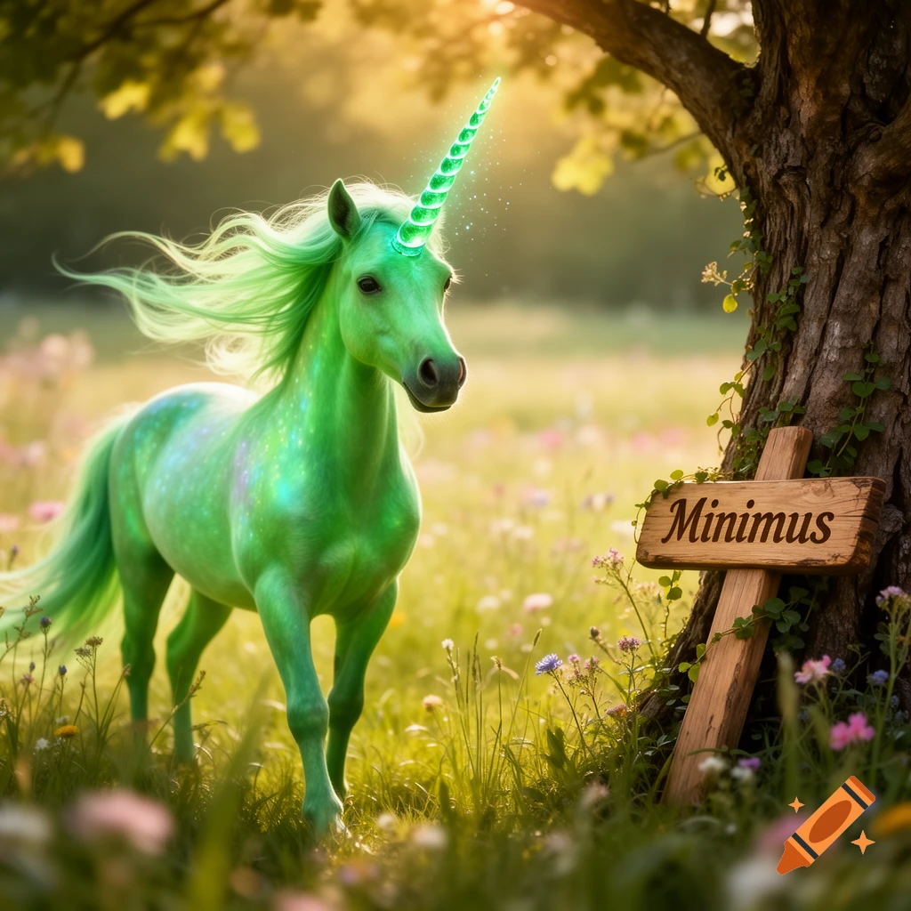 A vibrant green unicorn with a glowing horn and sparkling body stands in a sunny, flower-filled meadow next to a tree with a "Minimus" sign.