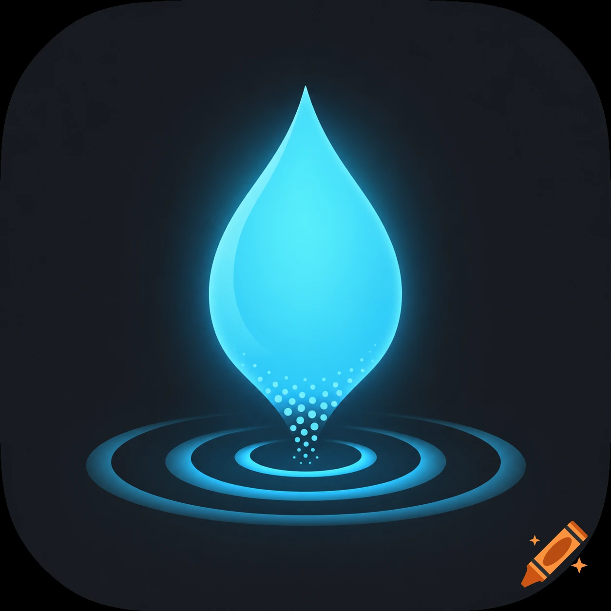 A minimalist app icon featuring a glowing cyan water drop dissolving into concentric ripples on a dark charcoal background.