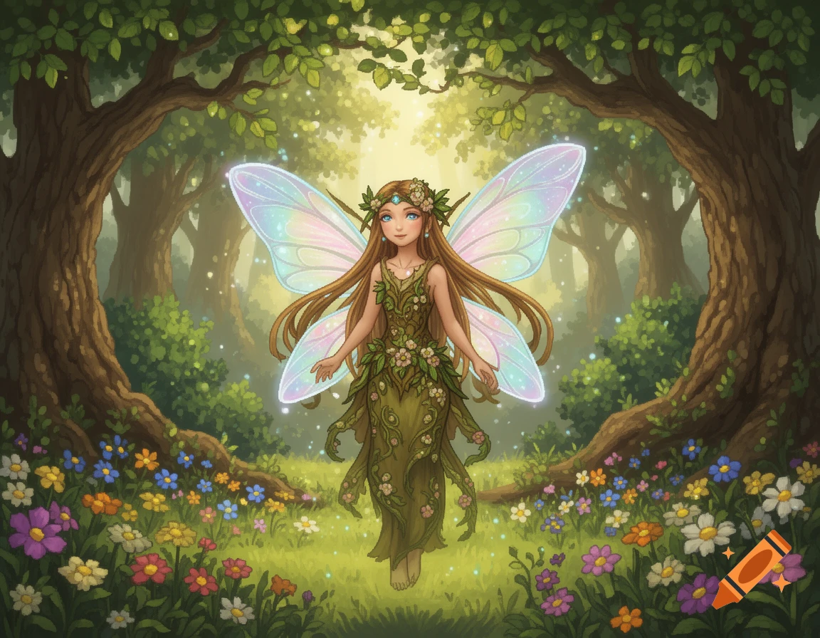 A whimsical fairy with long brown hair, a green leaf dress, and iridescent wings stands barefoot in a vibrant, sunlit forest with colorful flowers.