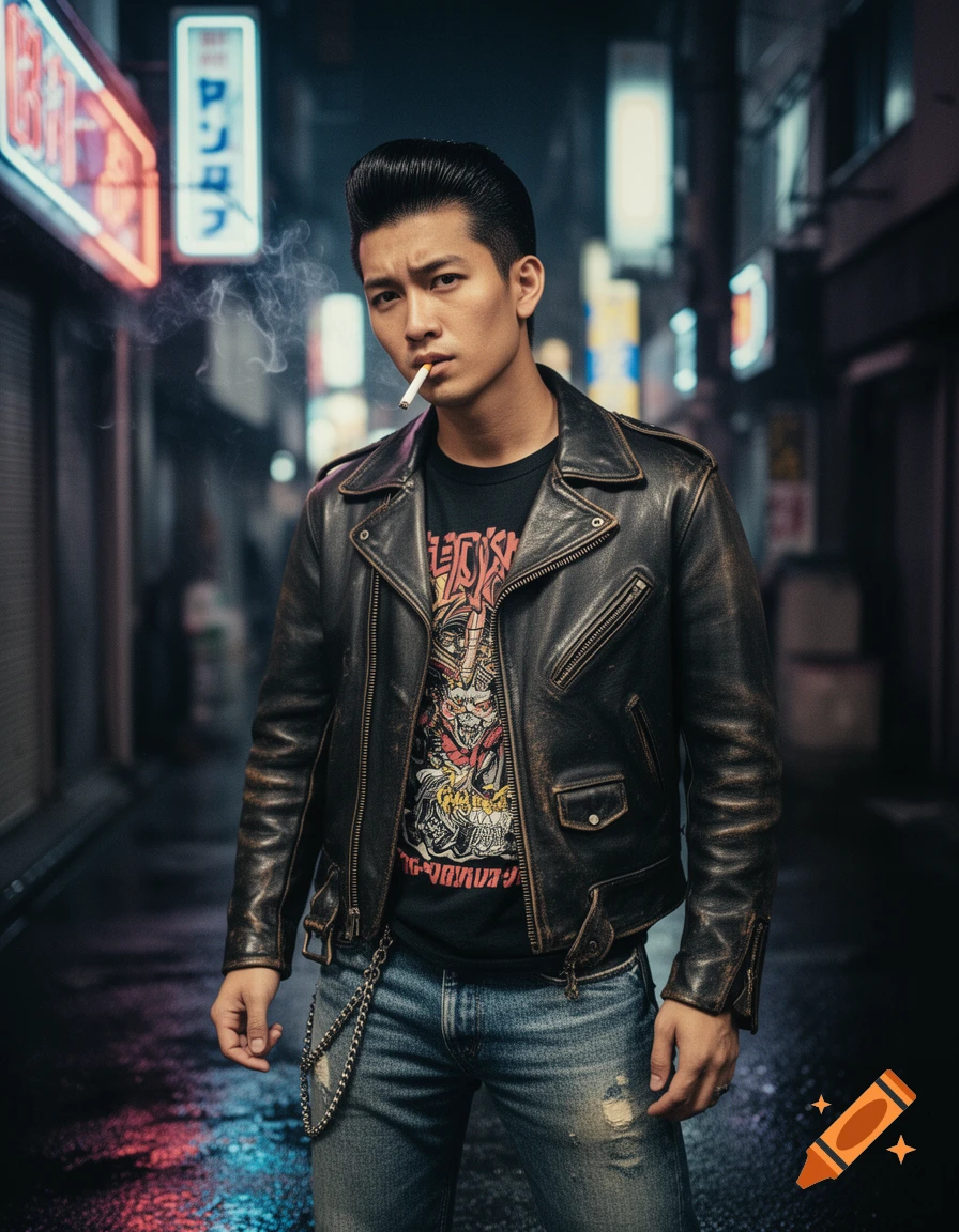 A man in a leather jacket, graphic t-shirt, and jeans, with a pompadour hairstyle, stands in a neon-lit alleyway, smoking a cigarette.