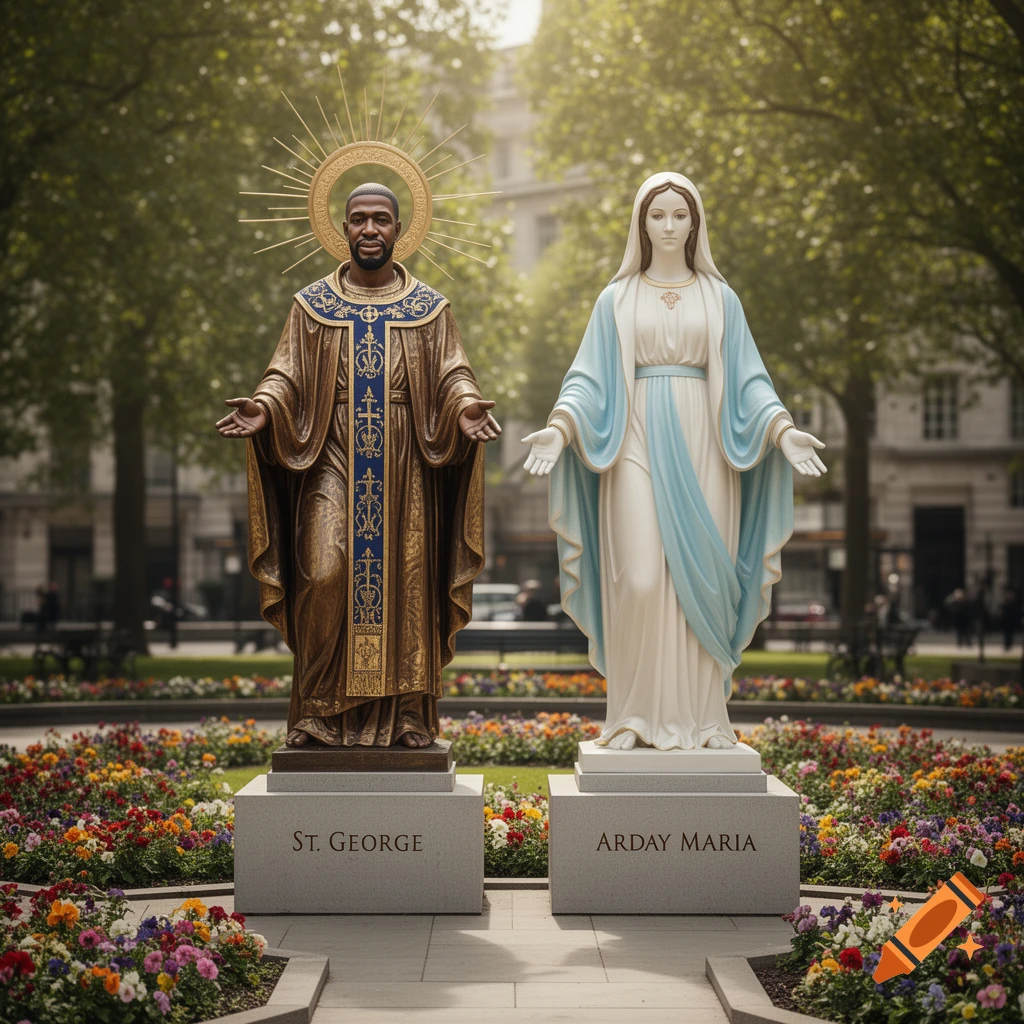 Two photorealistic statues in a park with flowers. Left, a Black man as St. George with a halo. Right, a white woman as Arday Maria.