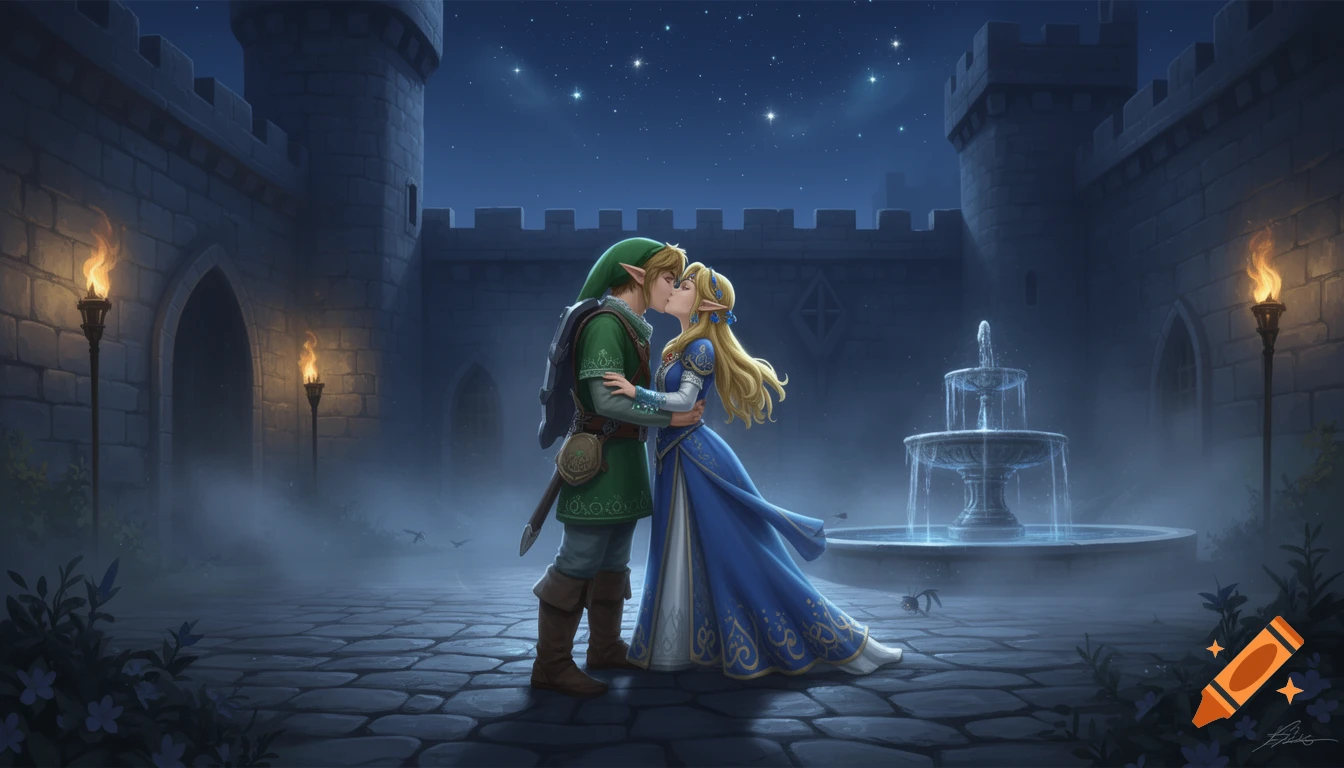 Link and Zelda from Ocarina of Time kiss in a misty castle courtyard at night, illuminated by torches, with a fountain.