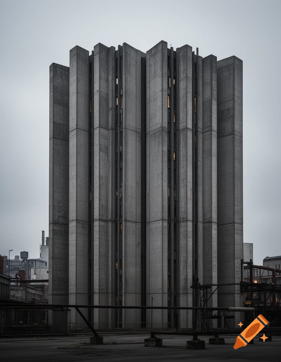 Tall brutalist concrete building with vertical geometry and small lit windows under a grey sky, industrial foreground.