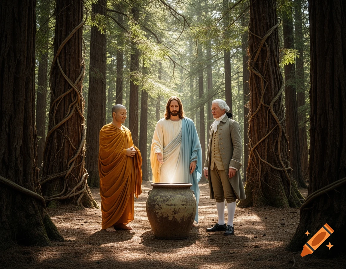 Buddha, Jesus Christ, and Thomas Jefferson stand around a large pot in a sunlit pine forest.