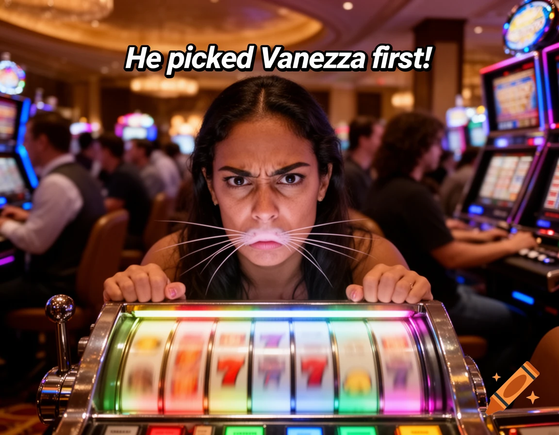 An angry woman with catfish-like whiskers sits at a slot machine in a casino. Text reads "He picked Vanezza first!"