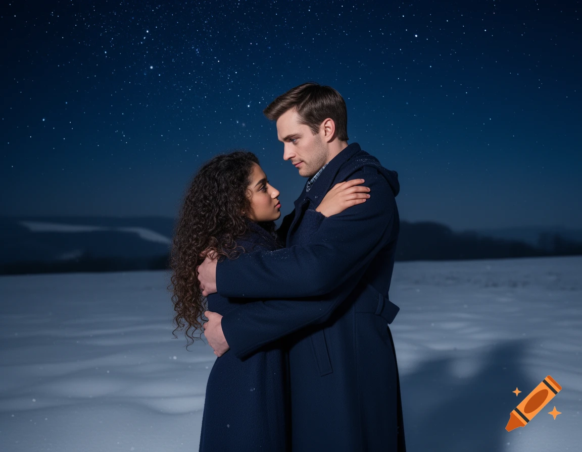 A man in a navy coat embraces a woman with curly hair under a starry night sky in a snowy field.