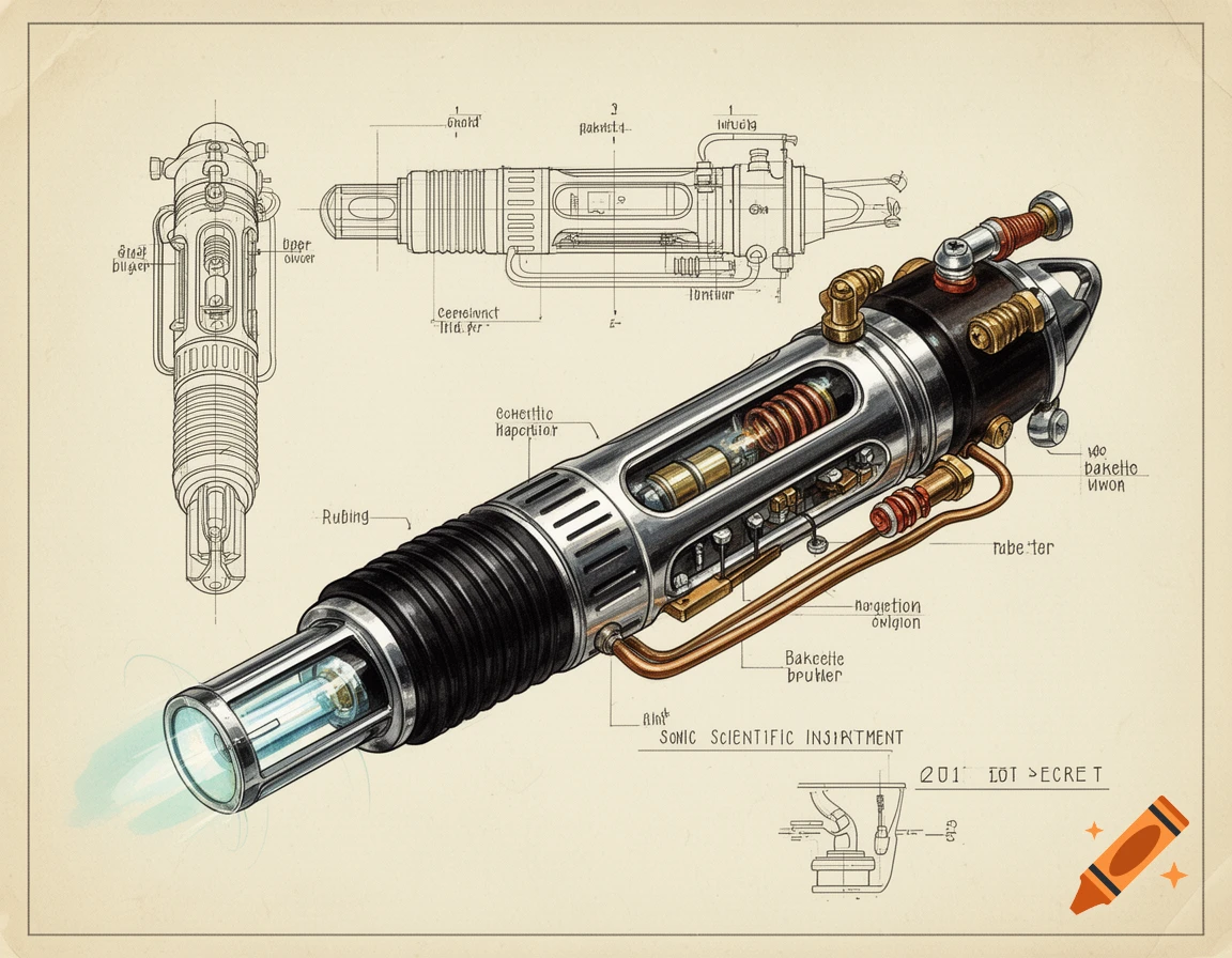 Highly detailed retro-futuristic technical blueprint illustration of a sonic screwdriver, with orthographic and perspective views.