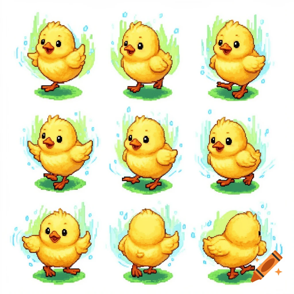 A 3x3 grid of nine pixel art yellow chicks in various walking poses.