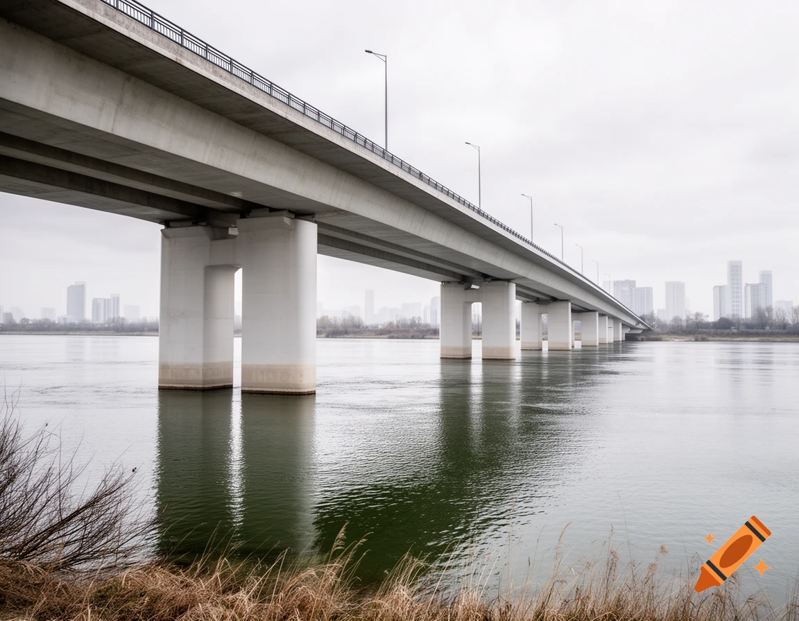 A photorealistic view of a long concrete bridge with multiple pillars spanning a wide river, with a hazy city skyline in the background under an overcast sky.