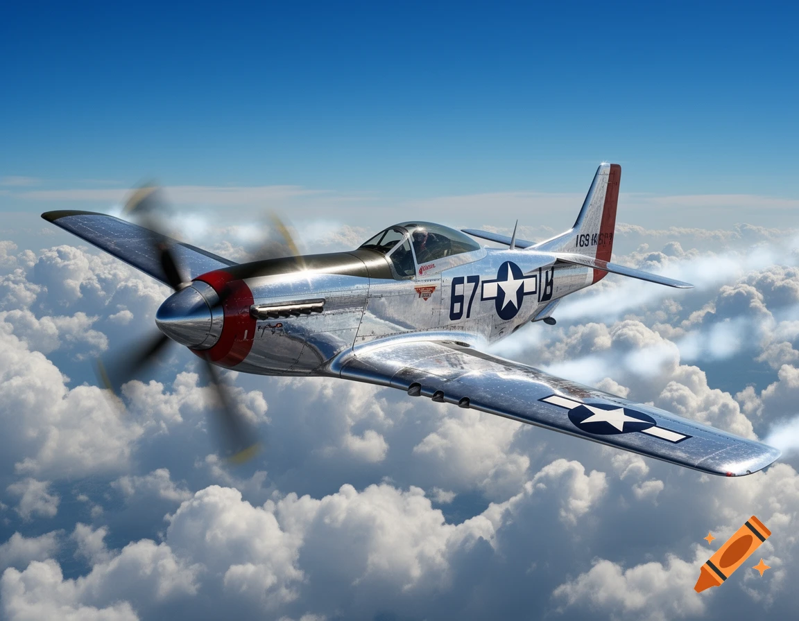 A shiny silver P-51 Mustang airplane with red accents and US military insignia flies through a clear blue sky above white clouds.