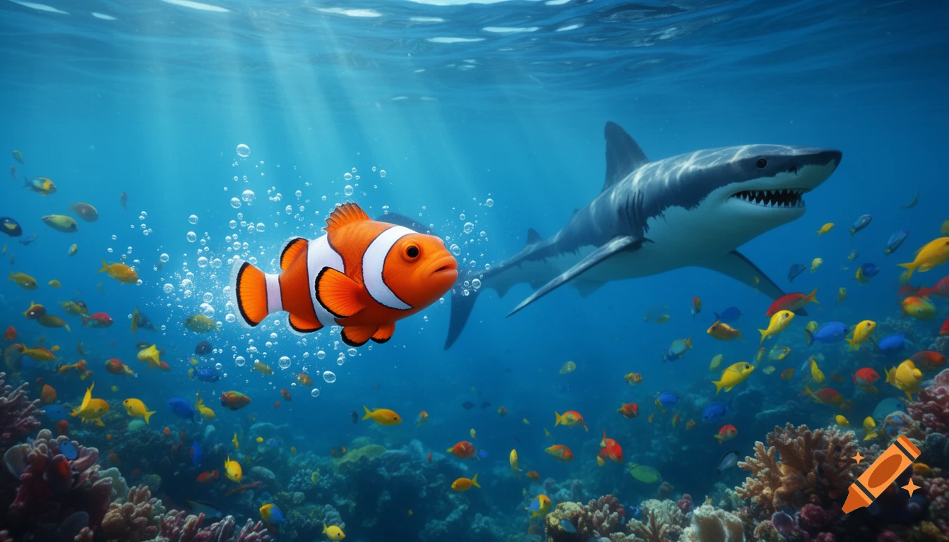 A small orange and white clownfish swims away from a large grey great white shark in a vibrant, sunlit coral reef underwater scene.