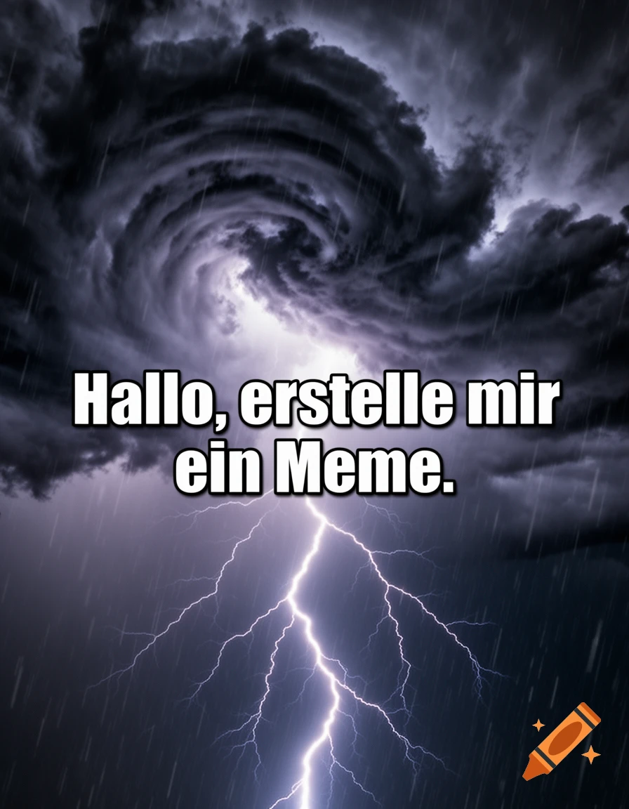 A dark stormy sky with swirling clouds, heavy rain, and a bright lightning bolt. German text 'Hallo, erstelle mir ein Meme.' is overlaid.