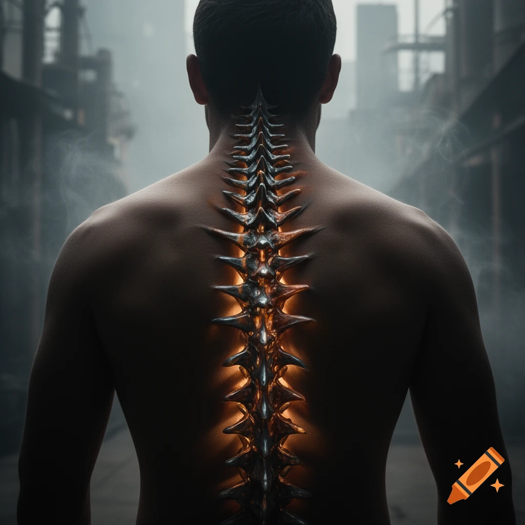 Rear view of a person with a glowing, spiky metallic spine, standing in a foggy, dark urban environment.