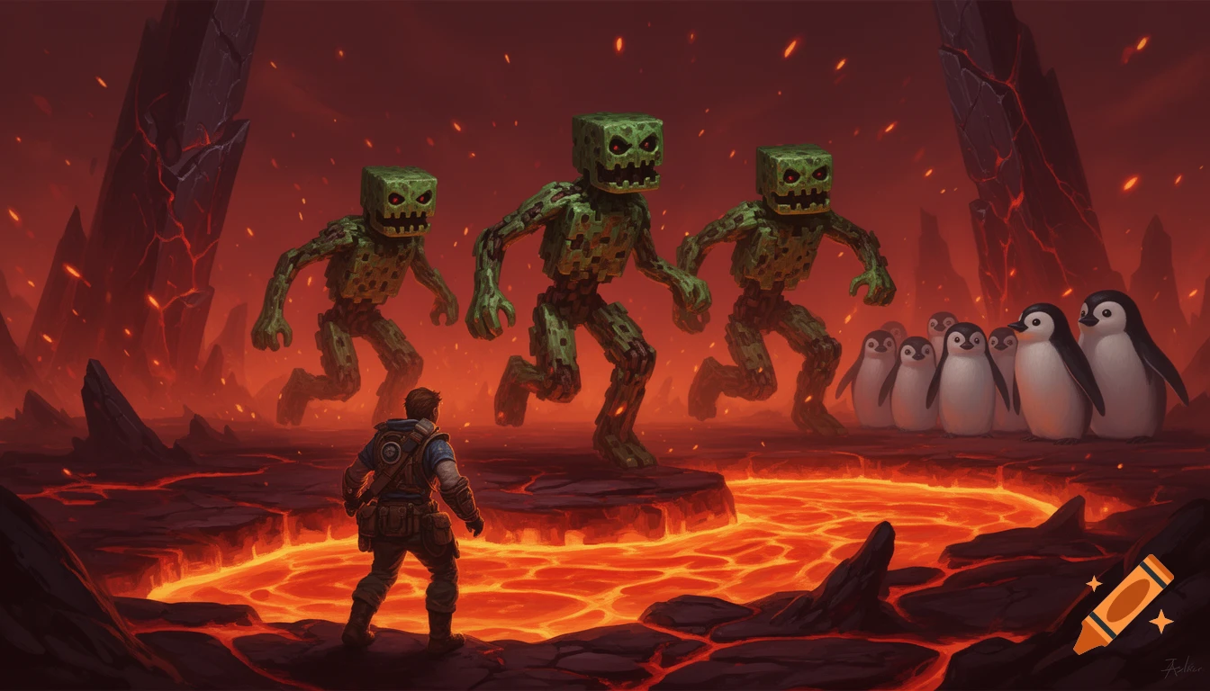 A player character stands in a fiery, lava-filled Nether landscape, facing three blocky green monsters and a group of penguins.