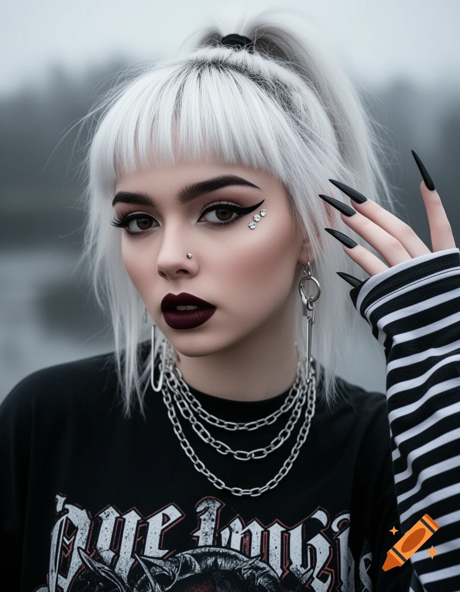 Close-up portrait of a young woman with platinum white hair, dramatic goth makeup, long black nails, layered shirts, and chain necklaces.