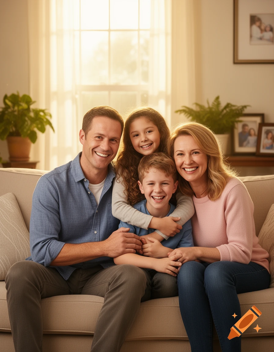 A photorealistic portrait of a happy family, with a father, mother, daughter, and son smiling together on a couch in a sunlit living room.
