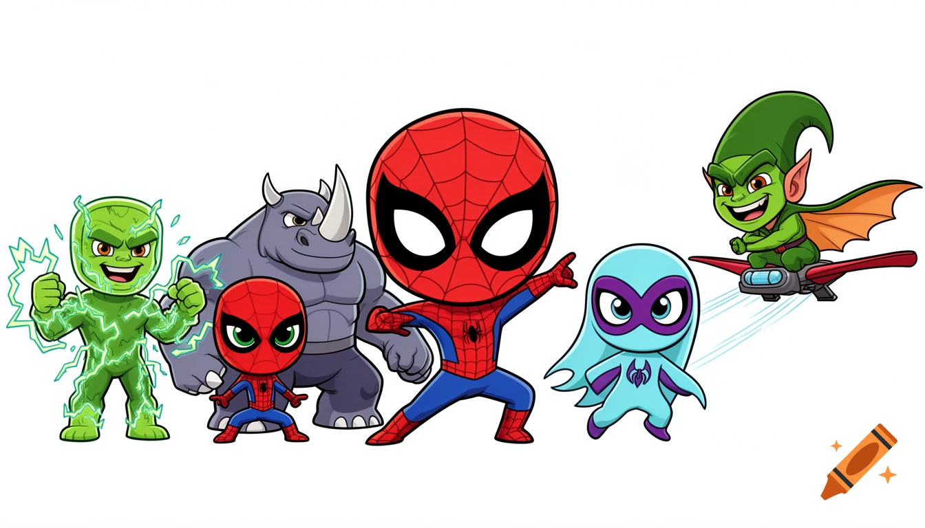 Chibi-style lineup of Spidey and his Amazing Friends characters: Electro, Rhino, Spidey, Spin, Ghost-Spider, and Green Goblin.