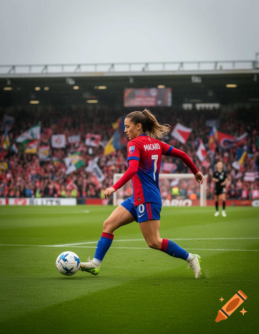 Photorealistic image of a female soccer player, Catarina Macario, in a red and blue jersey with number 7, dribbling a ball on a green field in a stadium.