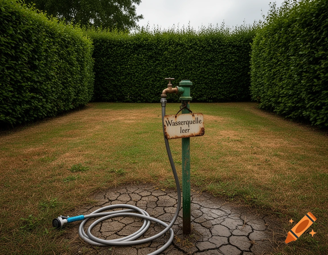 A photorealistic water tap with a 'Wasserquelle leer' sign and a hose in a dry, cracked garden between green hedges.