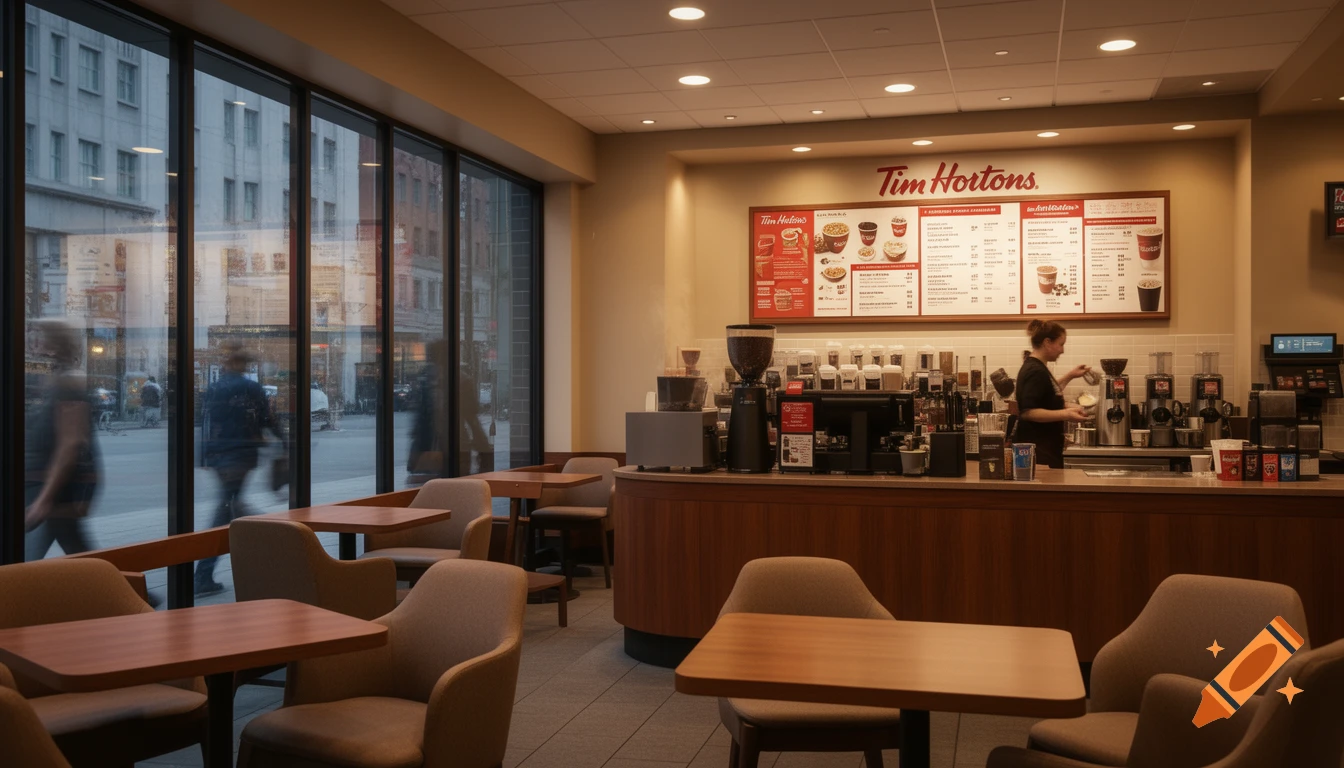 Interior of a Tim Hortons cafe with a barista behind the counter, empty tables and chairs, and large windows looking onto a city street.