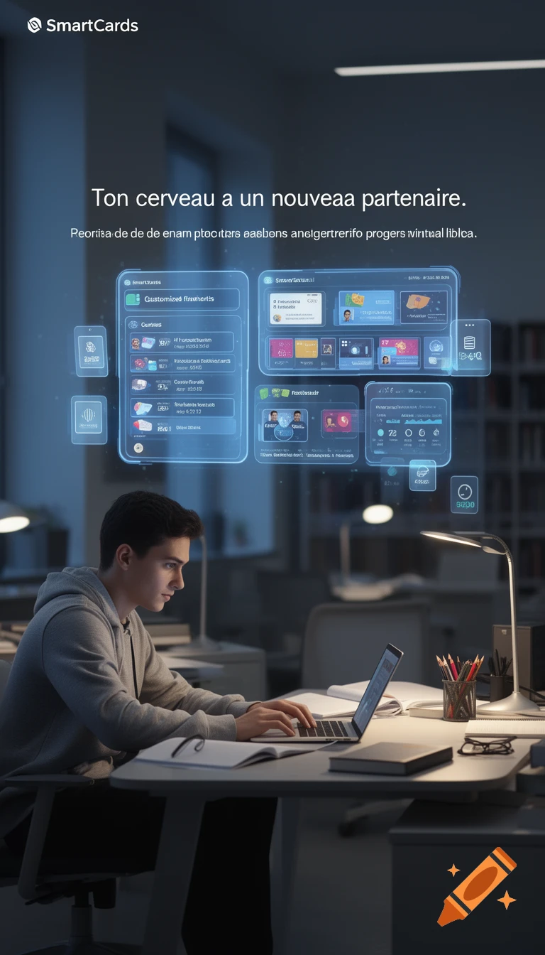 A student in a grey hoodie types on a laptop at a desk, surrounded by glowing blue holographic AI interface screens displaying educational data. Above, text reads SmartCards and a French slogan.