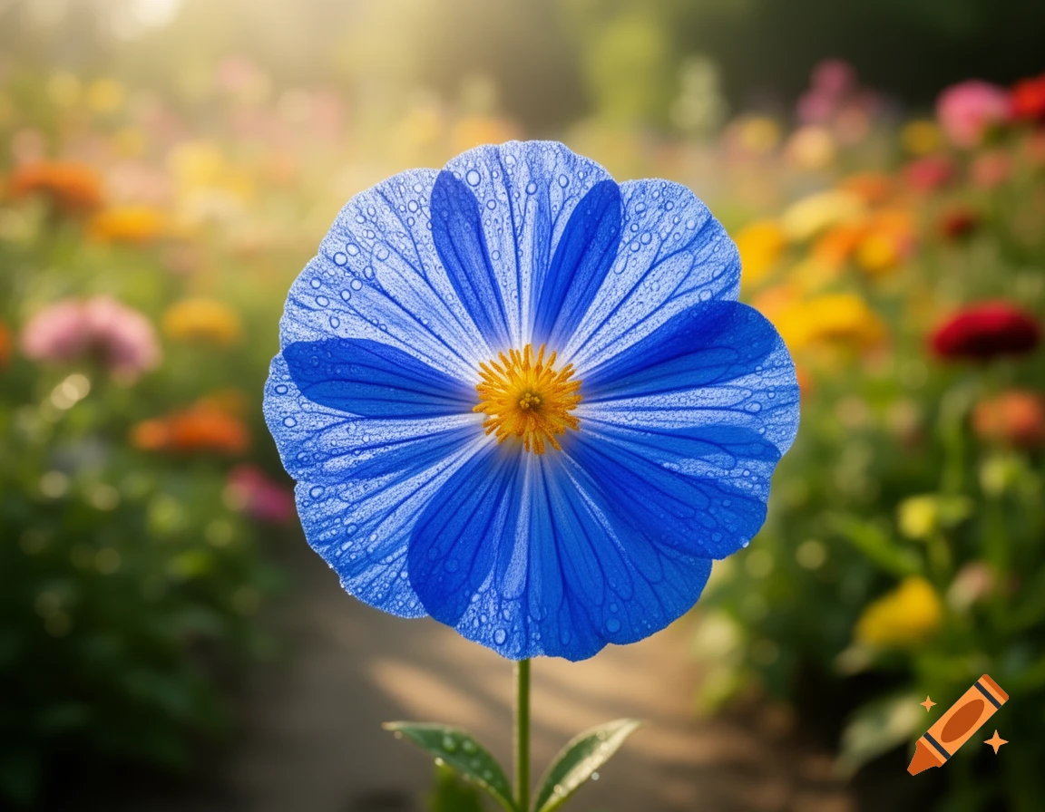 Close-up of a vibrant blue flower with water droplets and a yellow center, set against a blurred sunny field of colorful flowers.