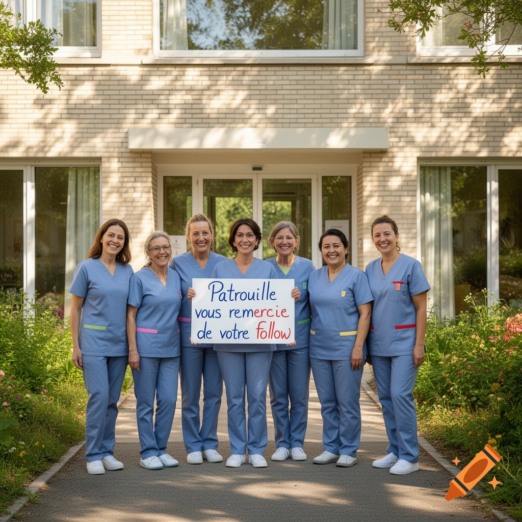 Six smiling women in blue scrubs hold a sign reading 'Patrouille vous remercie de votre follow' outside a brick building.