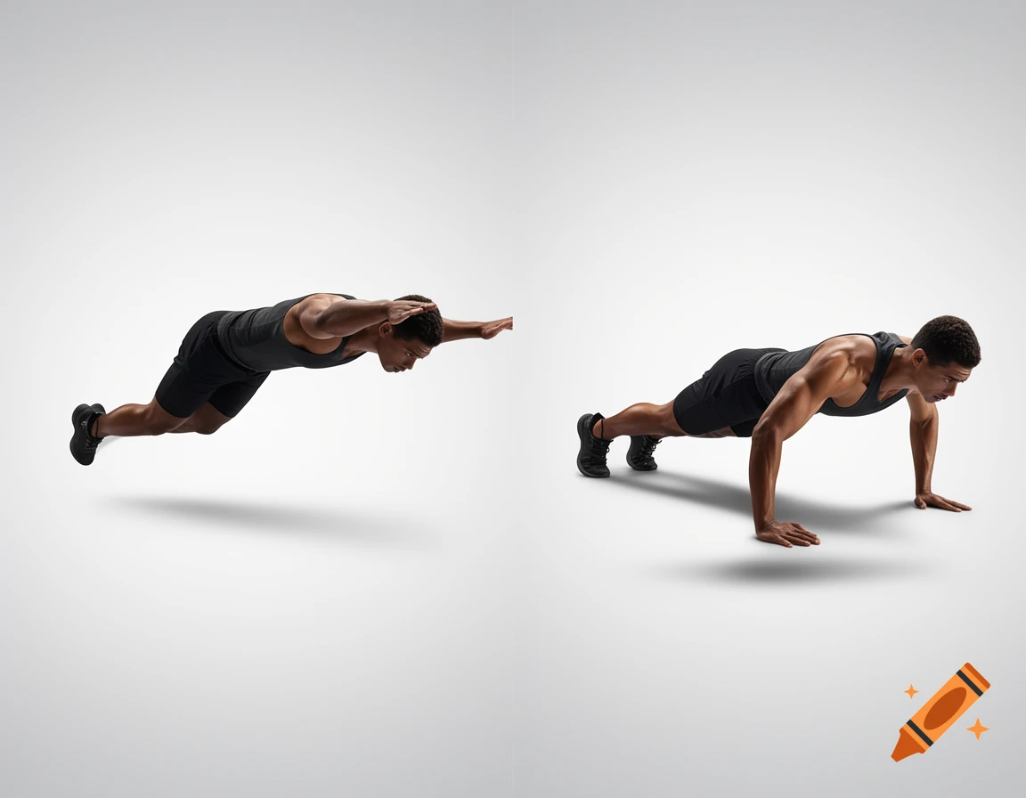 Two images of a man demonstrating a push-up drop catch exercise: airborne and in the push-up position.