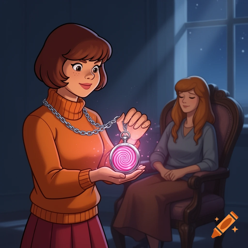 Velma from Scooby-Doo holds a glowing pink spiral pendulum, appearing to hypnotize a woman in a chair, in a cartoon style.