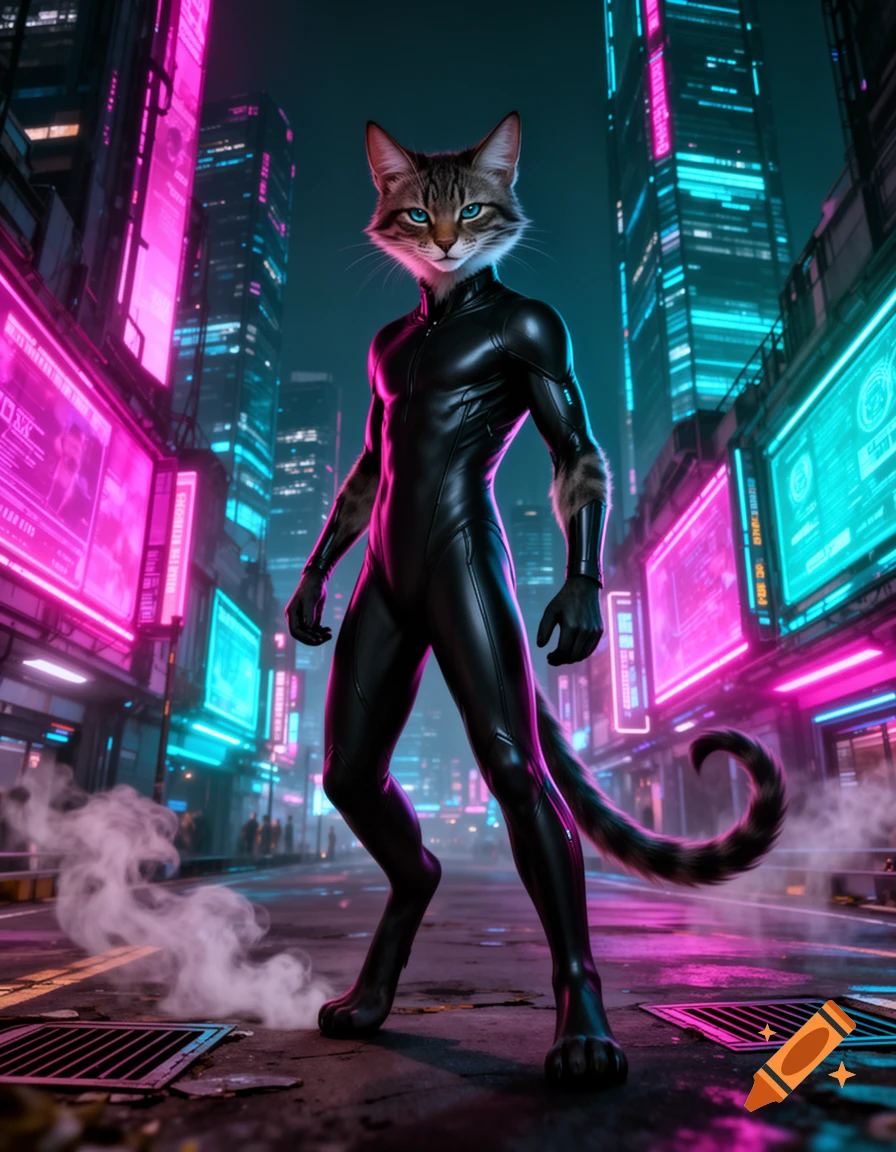 An anthro feline in a black catsuit standing in a neon-lit cyberpunk city.
