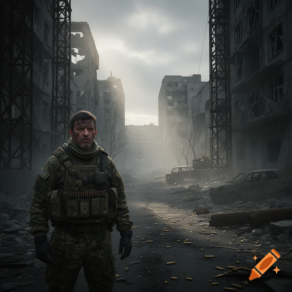 A solemn soldier in tactical gear stands amidst the ruins of a destroyed city under a hazy sky, with rubble and abandoned vehicles in the background.
