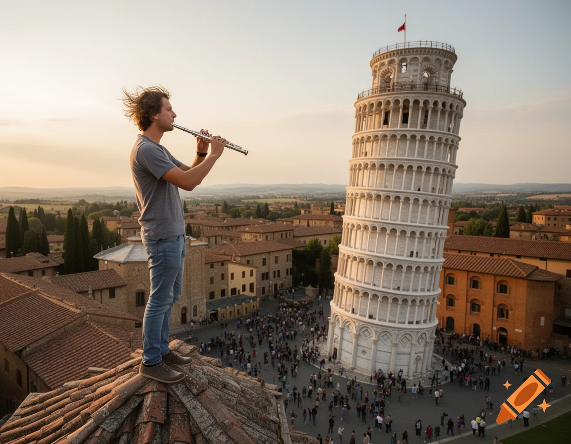 Man plays a flute on a Tuscan rooftop overlooking the Leaning Tower of Pisa and a crowd at sunset.